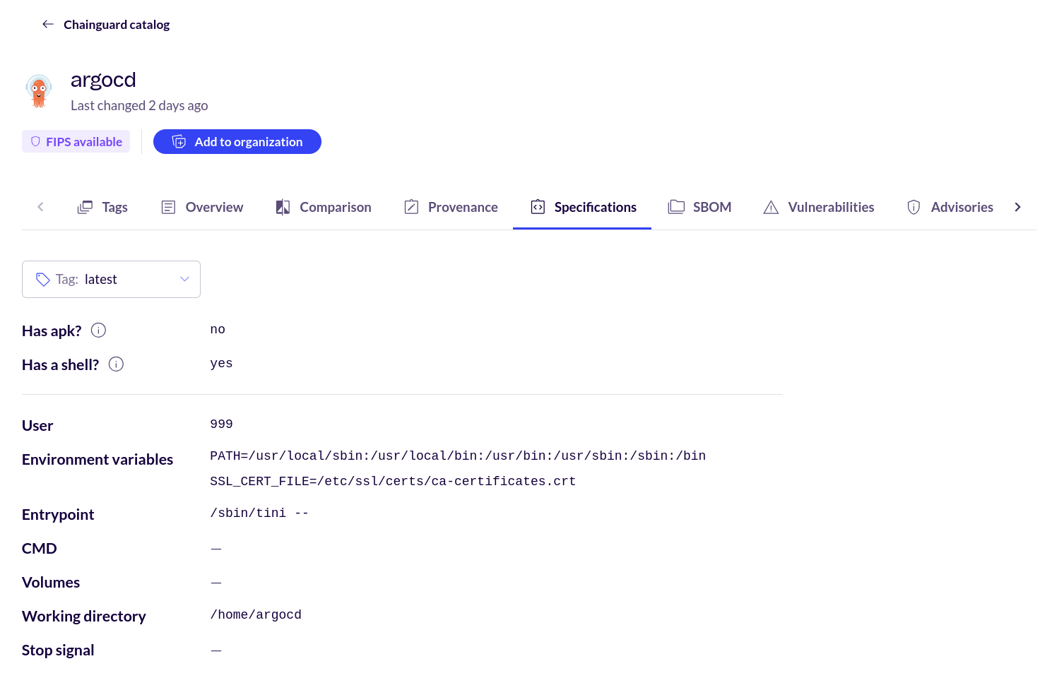 Screenshot showing the 'Specifications' tab for the argocd image.